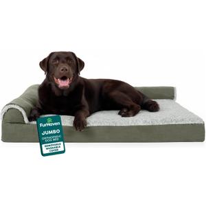 FurHaven Orthopedic Dog Bed for Large Dogs, L-Shaped Chaise Mattress with Orthopedic Egg Crate & Solid Orthopedic Foam Base for Joint Support, Washable Cover, Jumbo XL, Faux Fur & Suede, Dark Sage