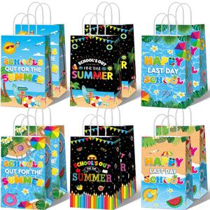 12PCS Schools Out for Summer Gift Bags Last Day of School Paper Bags Favor with Handles End of Schools Year Gift Goodie Bags for Goodbye School Hello Pool Summer Vacation Birthday Treat Pouch Supplies