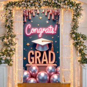 Congrats Drad Door Cover for Front Door Graduation Party Backdrop with String, Colorful Balloon & Grad Cap Graduation Door Decor for Class of 2026 Graduation Photo Booth Background(Pink Gold B)