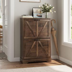 Smart FENDEE Shoe Cabinet, Shoe Storage Cabinet for Entryway with 2 Flip Drawers, Narrow Farmhouse Shoe Organizer Cabinet, Slim Shoe Rack Cabinet, 23.6in Walnut