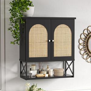 Rattan Bathroom Wall Cabinet, Boho Medicine Wall Cabinet with Double Doors and Adjustable Shelves, Tall Kitchen Wall Mounted Storage Cabinet, Floating Space Saver Over Toilet, Black (10"D  23.62"W  26.77"H)