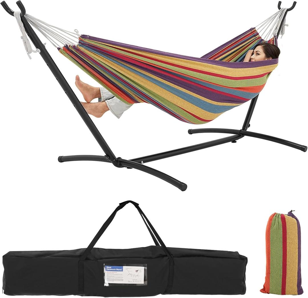 Double Hammock with Stand Included 450lb Capacity Space Saving Steel Stand,Premium Carry Bag Included,Suit for Outside,Indoor,Yard,Camping(Tropical).