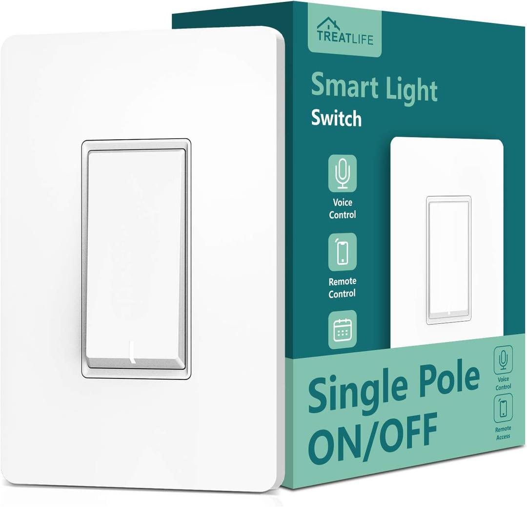 TREATLIFE Single Pole Smart Light Switch, Neutral Wire Required, 2.4GHz Wi-Fi Light Switch, Works with Alexa and Google Home, Schedule, Remote Control