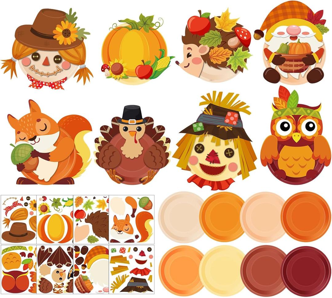 Layhit Thanksgiving Fall Crafts for Kids  24 DIY Paper Plate Kits with Pumpkins, Turkeys, Owls  Classroom Party Supplies & Educational Activities  Autumn Decorations