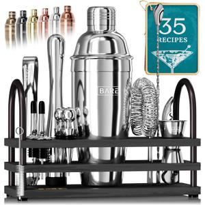 BARE BARREL Mixology Bartender Kit Bar Set | 14-Piece Cocktail Shaker Set | Martini Barware Mixing Tools for Home Bartending | 35 Recipe Cards | Gift Set (24oz Cobbler Shaker, Silver/Black)