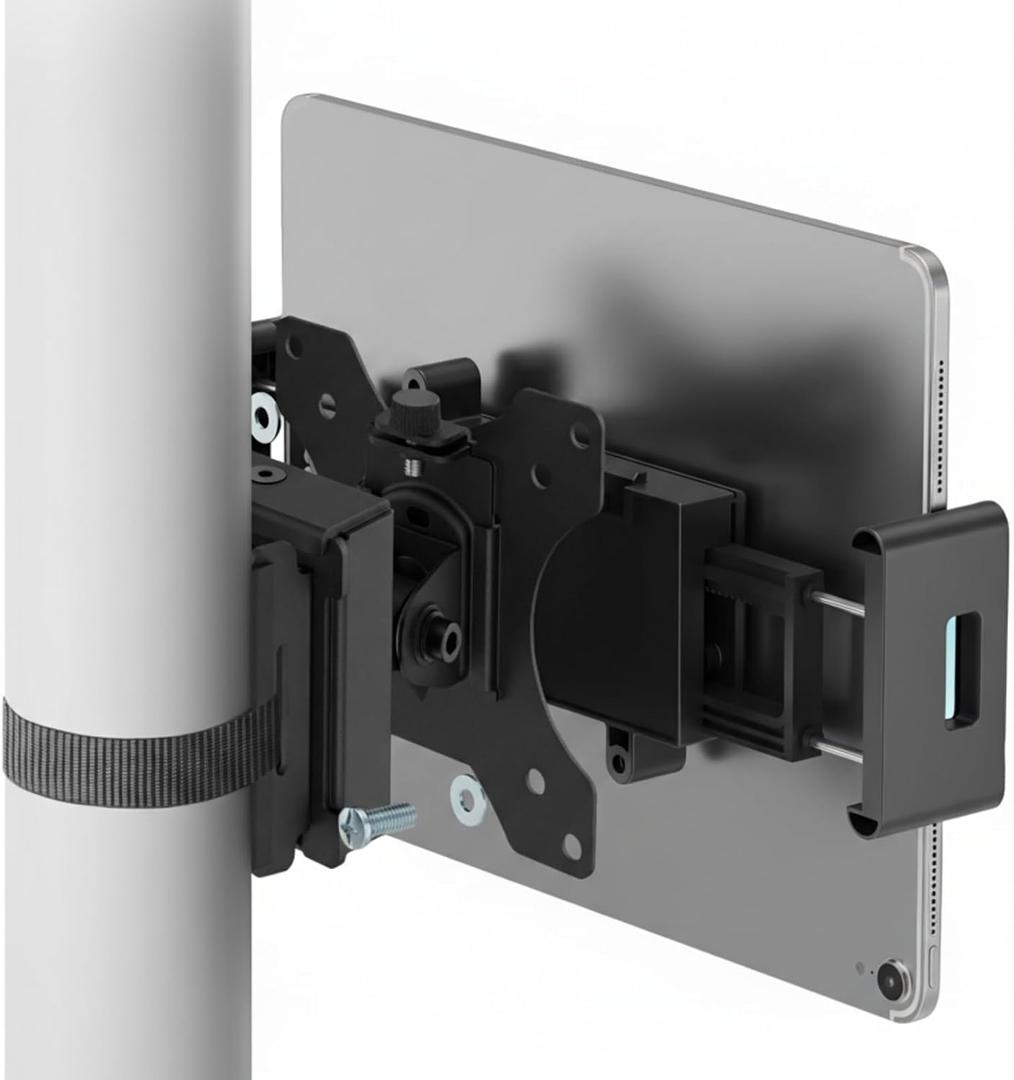 CondoMounts ZZTVS2111 Universal Tablet Pole Mount | Adjustable Clamp Bracket with VESA 75 Plate | Fits 4.715 Inch Tablets | No-Drill Pole Mount, Anti-Slip Holder