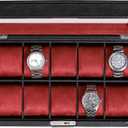 ROTHWELL 10 Slot Leather Watch Box - Luxury Case Display Jewelry Organizer - Locking Watch Display Case Holder with Large Glass Top - Box Organizer for Men and Women (Black/Red)