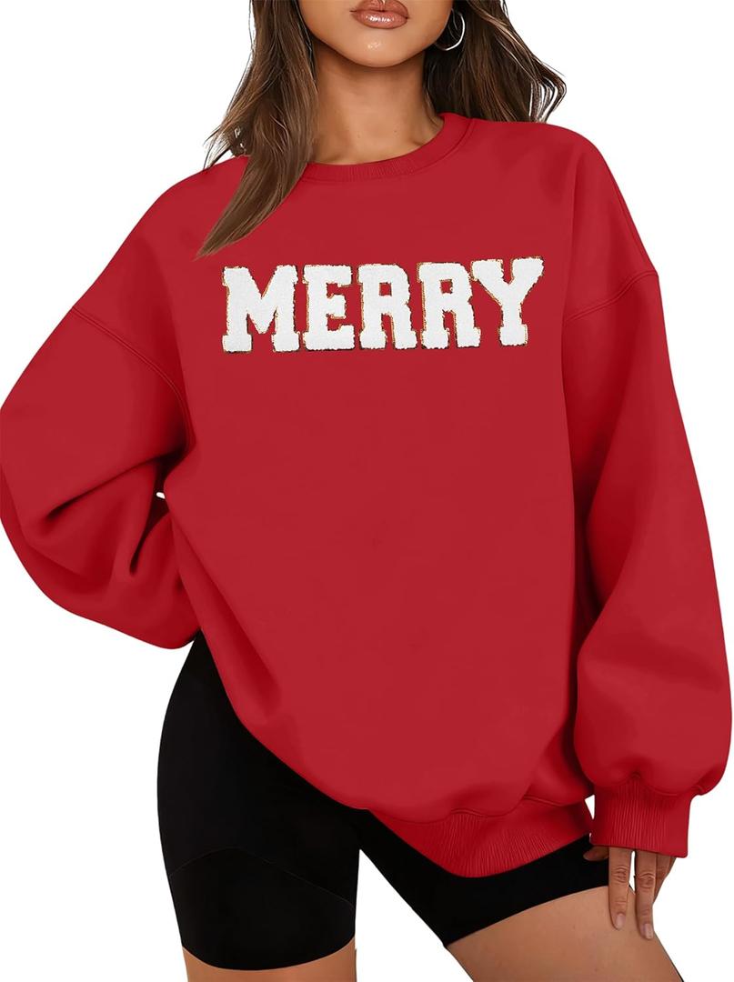 FASHGL Christmas Sequins Sweatshirts Women Merry Glitter Patch Crewneck Sweater Xmas Long Sleeve Pullover Top (Red, S)