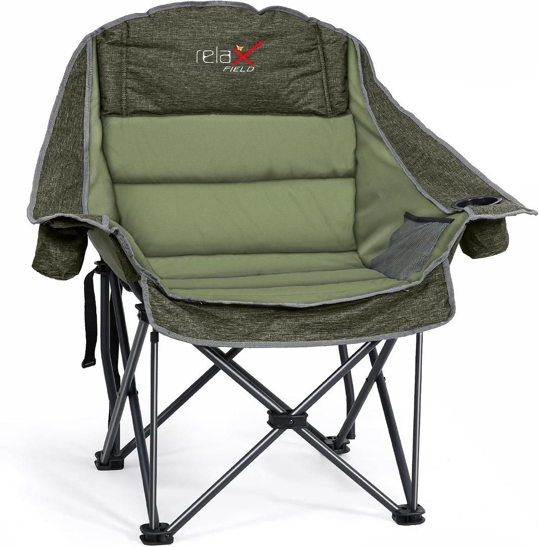Oversized Camping Chair, Portable Folding Padded Camp Chairs with Side Pocket, Cup Holder, Heavy Duty Support 500LBS Outdoor Lounge Chair for Adults, Fishing, Sports, Trip, Green, 1PCS