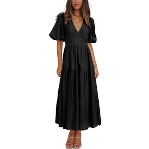 Woolicity Womens Summer Maxi Dress Wrap V Neck Short Sleeve Beach Flowy Long Dresses Black (Black)