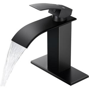 Qomolangma Black Waterfall Spout Bathroom Faucet, Single Handle Vanity Sink, Rv Lavatory Vessel Faucet Suitable for 1 or 3 Holes with 6 Inch Deck Plate & Hose Matte Black