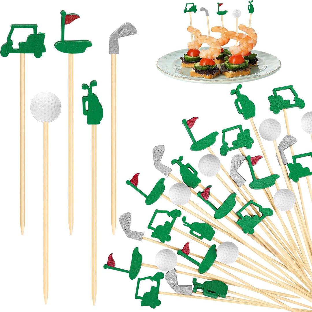 Aodaer 200 Pieces Golf Cocktail Picks for Appetizers 4.7 Inch Golf Themed Decorative End Fruit Toothpicks Skewers Bamboo Cocktail Picks for Sports Catered Events Buffet Party Supplies, Green