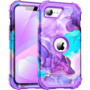 For iPhone 16E 2025 Case,Marble Design Three Layer Heavy Duty Shockproof Hybrid Hard Plastic Bumper Soft Silicone Rubber Drop Protective Cover Case for iPhone 16E 2025 6.1",Purple