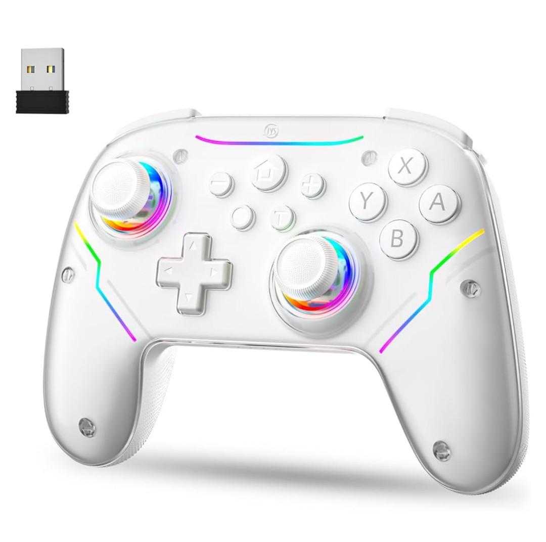 JDDWIN Wireless Controller for Switch 2/Switch/PC/Steam Deck, Hall Effect Joysticks & Triggers/Wake-up Function, Gamepad with RGB Light /Turbo/Programmable/ Dual Vibration Bluetooth USB Adapter for PC (White)