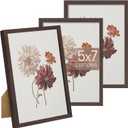 Upsimples 5x7 Picture Frame Set of 3, Made of High Definition Glass for 5 x 7, Wall and Tabletop Display Thin Border Photo Frames for Home Decor, Brown