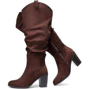 Luoika Women's Extra Wide Calf Cowboy Knee High Boots, Wide Width Cowgirl Slouchy Boots Chunky Pump Heel Plus Size Western Boots. 9.5