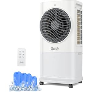 Grelife Portable Evaporative Air Cooler, 3-IN-1 Air Cooler Cooling Fan with Remote Control, 8H Timer, 4 Ice Packs, 6.5L Water Tank, 3 Modes, 3 Speeds, Personal Swamp Cooler for Bedroom/Office/Home
