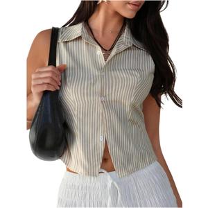 SweatyRocks Women's Y2k Sleeveless Button Down Tank Top Summer Shirts Casual Striped Blouses (M)