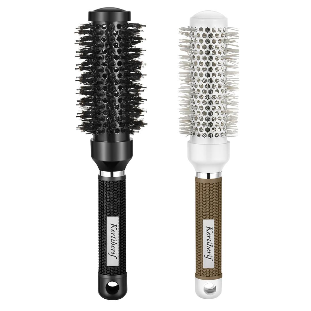 Round Brush for Blow Out, Round Hair Brush Set for Blow Drying, Nano Thermal Ceramic Ionic Tech, with Boar Bristles, for Styling, Curling, Add Volume (2Pack - 2.4/2.0 Inch, Barrel 1.3 Inch) (Black, White)