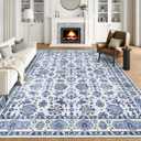 BLISSA Washable Area Rug 8x10 - Large Delft Blue Boho Rugs for Living Room Soft Vintage Oriental Floral Retro Carpet Stain Resistant Accent Rug for Bedroom Dining Room Under Table Home Office Decor