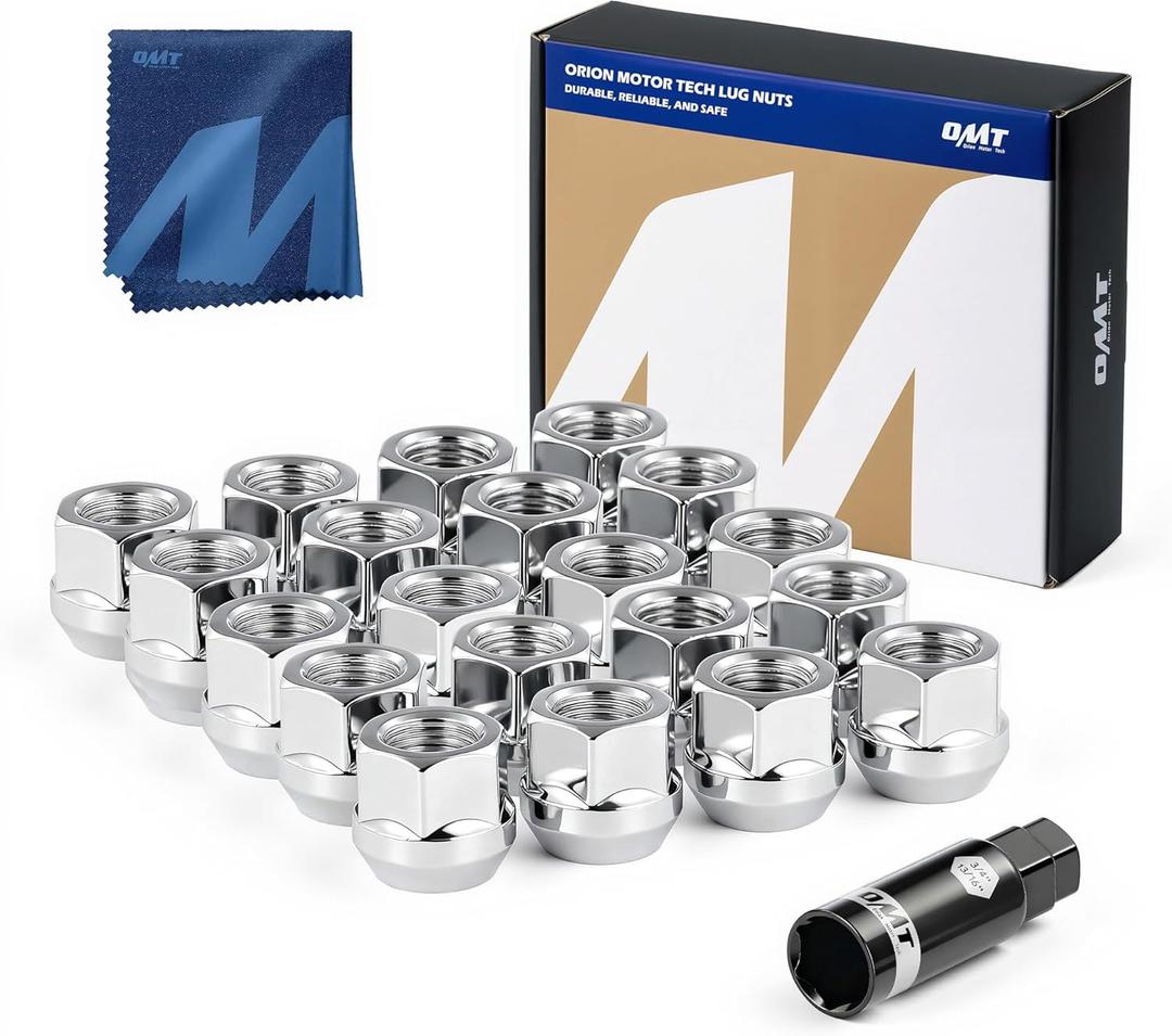 Orion Motor Tech 1/2"-20 Open End Lug Nuts, 3/4" 19mm Hex Chrome Plated Wheel Lug Nuts Compatible with Dodge Dakota Ramcharger Ford Bronco Explorer F-150 Jeep Wrangler, Set of 20 (Silver)