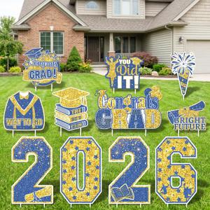 FunHot Graduation Yard Sign Class of 2026, Large Blue and Gold Grad Yard Signs, Waterproof Congrats Grad Cap Sign with Stakes Outdoor Lawn for College High School 2026 Graduation Party Decoration