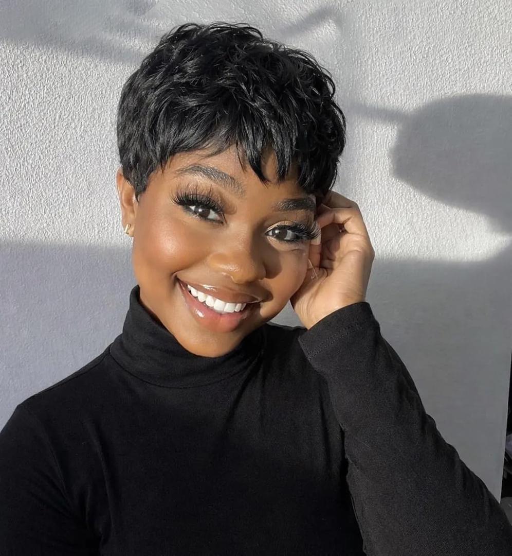 Pixie Cut Wig Human Hair Wigs Put on and Go Glueless Wigs Human Hair with Bangs Ready to Go Pixie Cut Wig for Women Short Wigs with Bangs for Black Women Full Machine Wig Beginner Friendly Wigs(1B#)