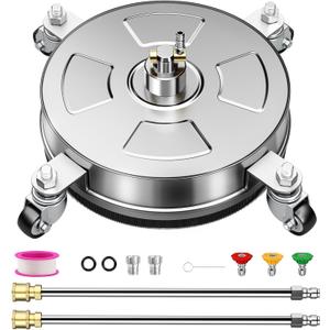 14" Pressure Washer Surface Cleaner with 4 Wheels, Stainless Steel Housing, 4000 PSI Max, 3 Connect Nozzles & 2 Extension Wands, Pressure Washer Surface Cleaner for Concrete, Patios, Sidewalks