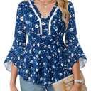 VALOLIA Fall Tops for Women 2025 Womens V Neck Tunic Tops 3/4 Sleeve Womens Tops Dressy Casual Office Clothes Flowy Shirts Flower Blue Medium (M)
