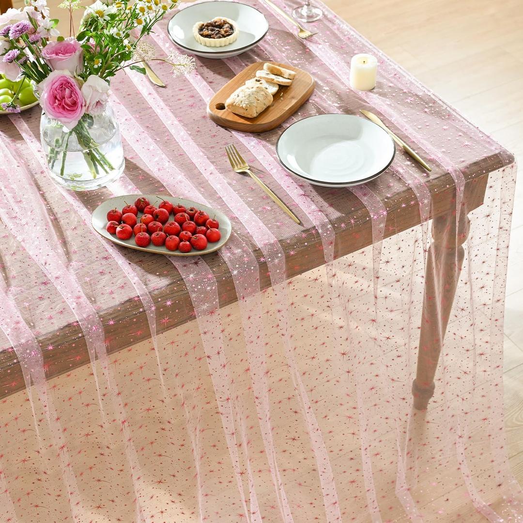 Horaldaily Pink Gold Sparkling Star Gauze Tablecloth 60x84 Inch Rectangular, Pink Star Sequin Glitter Metallic Foil, Sheer Tulle Cheesecloth for Wedding Baby Shower Party