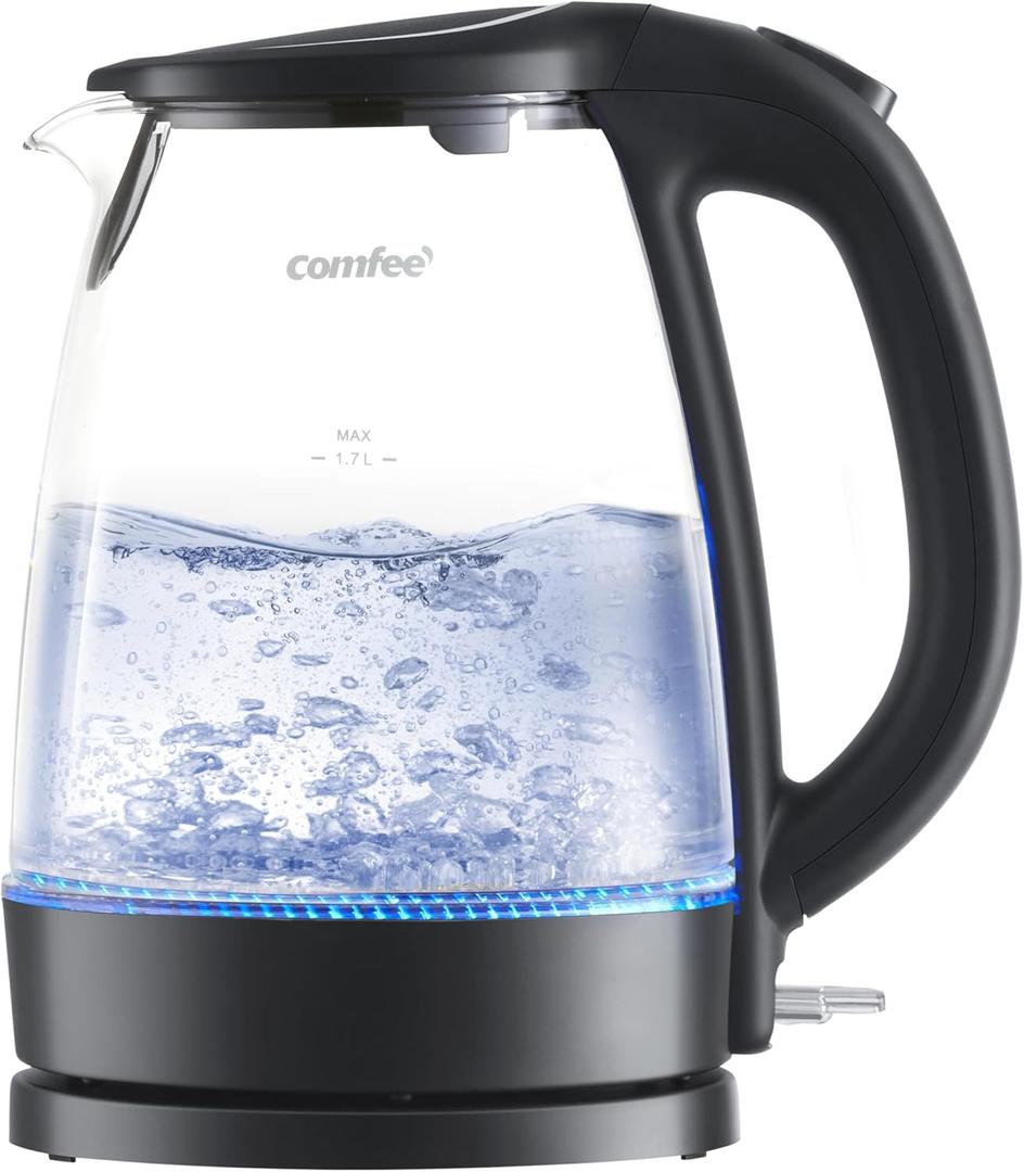 COMFEE' Electric Kettle, 1.7L Hot Water Boiler, 1500W Fast Boil, Glass Electric Tea Kettle with LED Indicator, Auto Shut-Off and Boil-Dry Protection, BPA Free (1.8 Quarts, Deep Black)