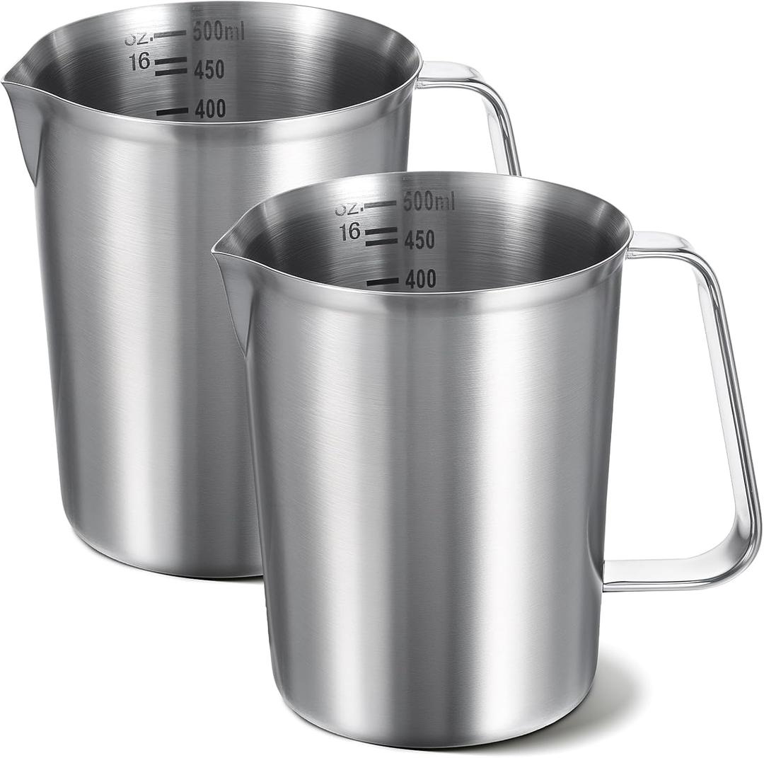 2 Pcs Stainless Steel Measuring Cup with Handle and Pour Lip, Metal Pitcher with Oz and ML marking, 16OZ/500ML), Heavy-Duty Pitcher