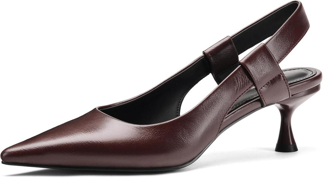 Pointed Toe Slingback Kitten Heels for Women, Leather Stiletto Heel Pumps with Elastic Strap Elegant Bridal Heel Dating Party Work Office Backless Pumps Shoes (6, Dark Brown)