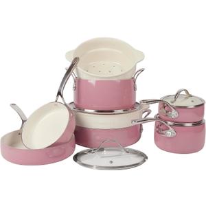 Bloomhouse 12 Piece Aluminum Pots and Pans Cookware Set w/Non-toxic Ceramic Non-stick, Ceramic Steamer Insert, & 12 Protective Care Bags - Pink Orchid