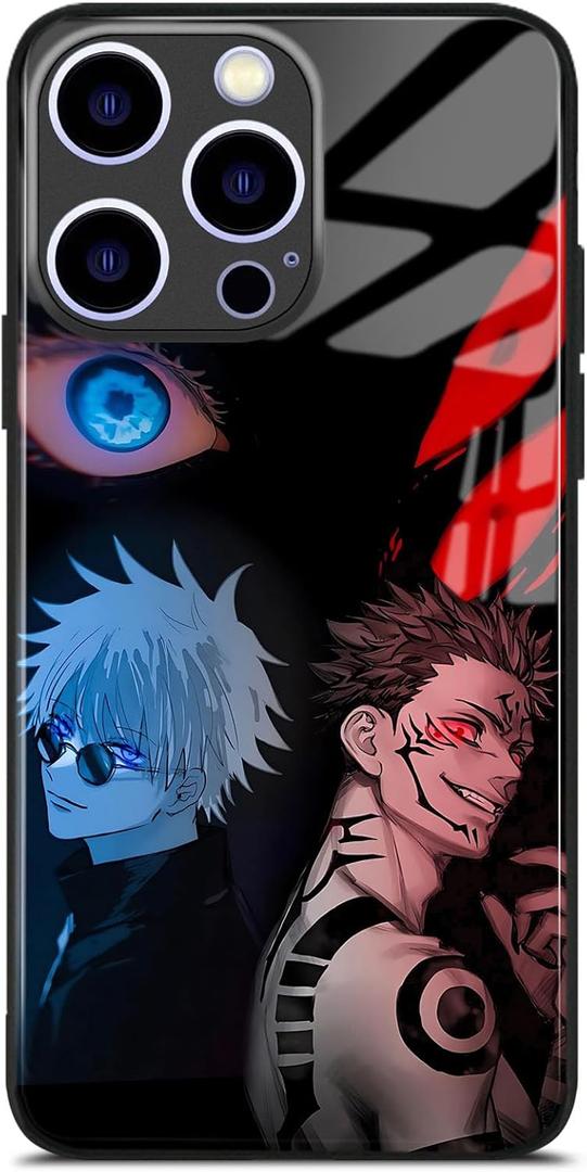Anime Case for iPhone 16 Pro Max, Glossy Glass Manga Cover, Black Soft Silicone Bumper, Unique Creative Japanese Art Shell (Satoru and Sukuna)