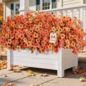 24 Bundles Artificial Fall Mums Flowers for Outdoors Decoration, UV Resistant Silk Violet and Faux Eucalyptus Autumn Fake Plants for Outside Indoor Yard Home Patio Porch Decor, Orange and Red
