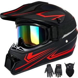Youth Kids Motocross Helmet, Adult ATV Dirt Bike Helmet with Goggles Gloves & Mask Quick, Full Face Motorcycle Helmet with Quick Release Buckle DOT Certified (Large, Red)