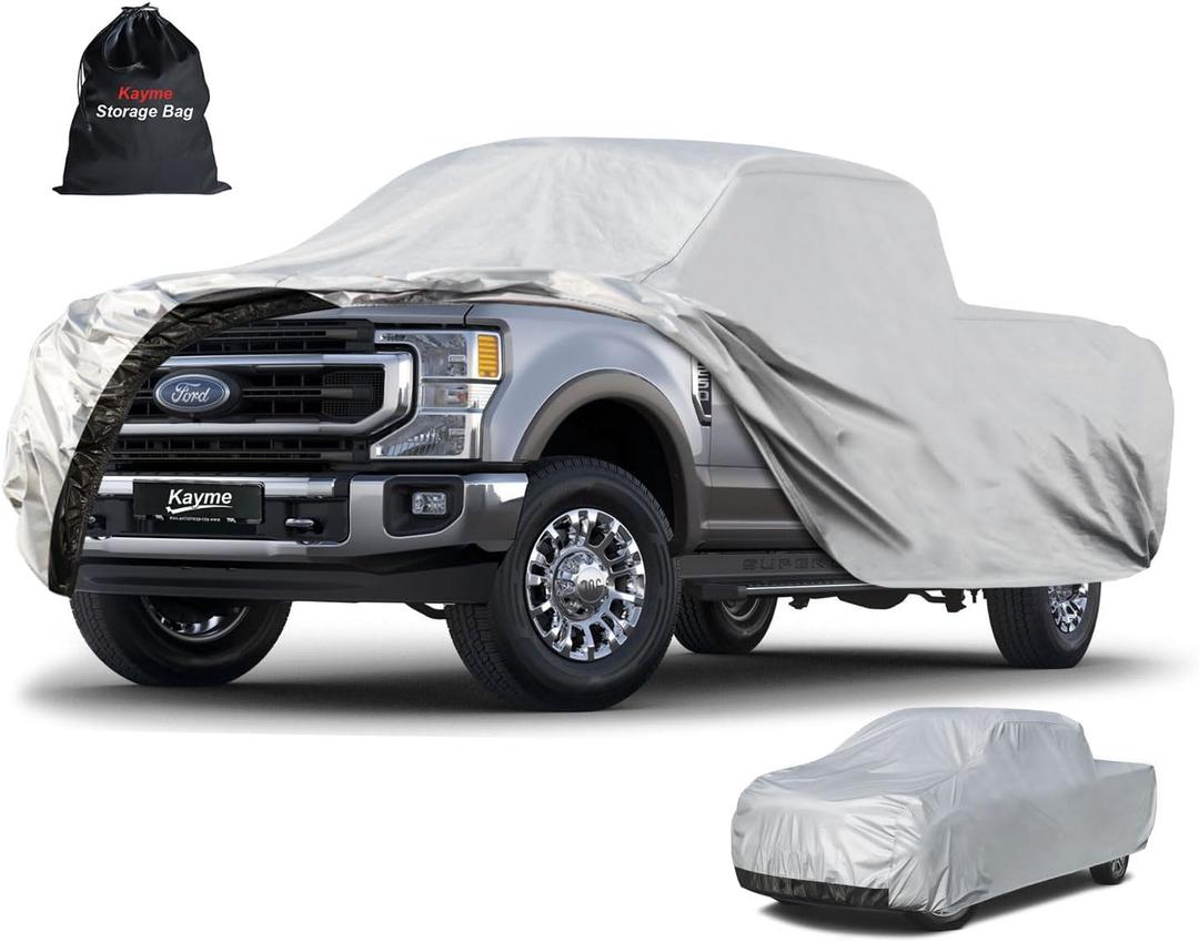 Kayme Full Size Truck Cover Waterproof All Weather - See Vehicle Size Chart - 6 Layers Heavy Duty Outdoor Pickup Cover Sun Uv Rain Protection, Universal Fit Ford F250 F350 etc, Length Up to 261 inch. (Aluminum-Silver)
