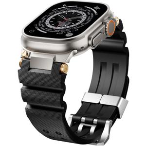 Watch Band Compatible with Apple Watch Ultra 2 Band 49mm 46mm 45mm 44mm, Men Luxury Silicone Rugged Rubber Strap for iWatch Series 10 9 8 7 6 5 4 3 2 1 SE with Metal Connector (Black)