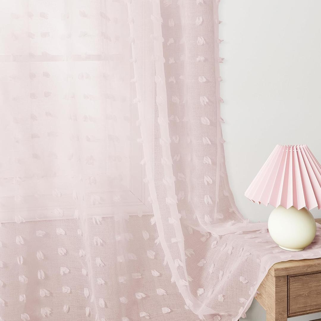 Guken Sheer Curtains 84 Inch Length 2 Panels Sets for Living Room Bedroom 52 Inch Width Farmhouse Boho Drapes Light Filtering Pom Pom Curtains Tufted Semi Sheer Kids Rod Pocket, Pink, W52xL84