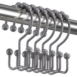 Titanker Shower Curtain Hooks Rings, Rust-Resistant Metal Double Glide Shower Hooks for Bathroom Shower Rods Curtains, Set of 12 Hooks - Neutral Gray
