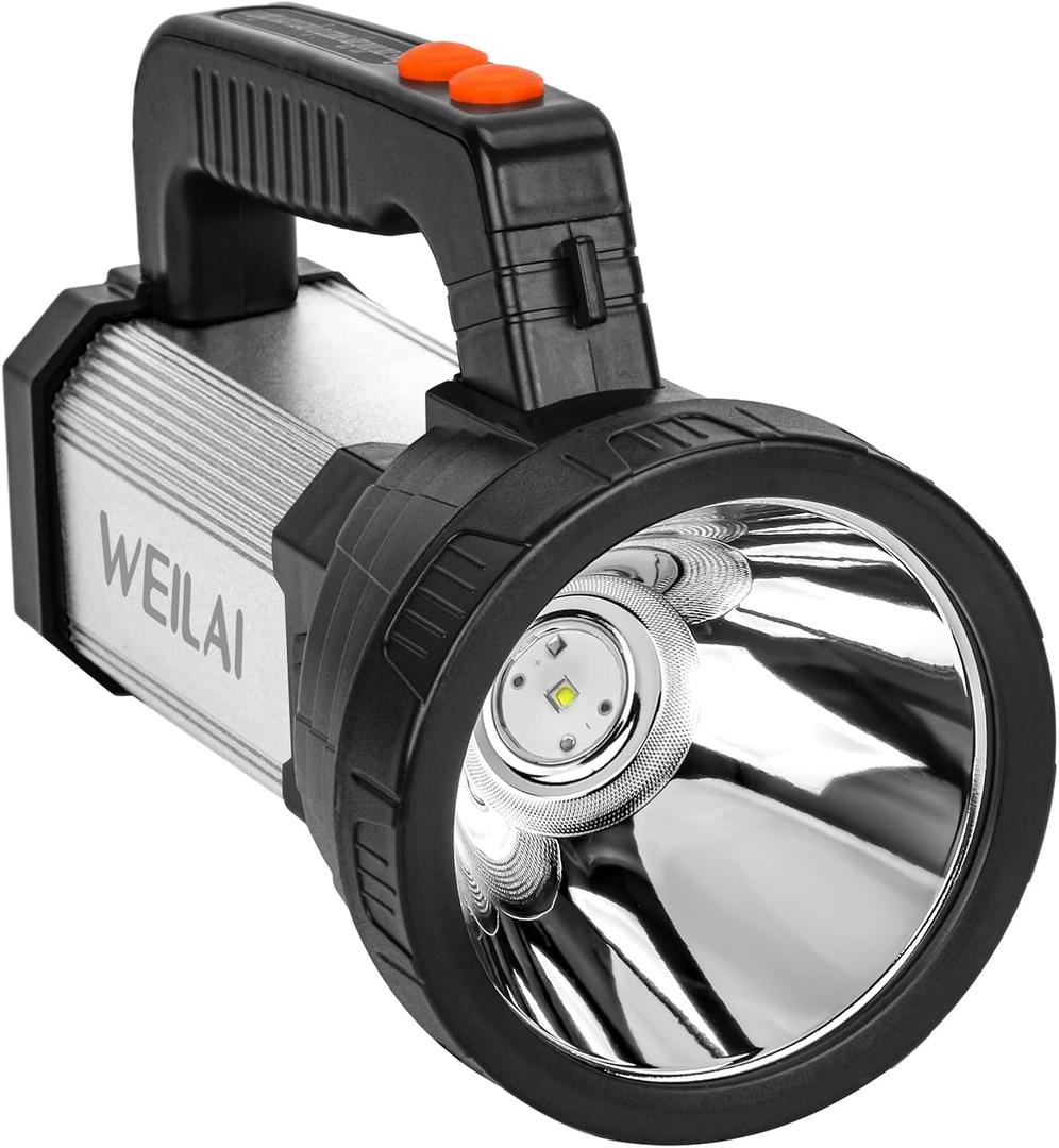Super Bright Handheld LED Flashlight, USB Rechargeable Powerful Searchlight with 6 Light Modes, Waterproof Tactical Torch, Portable Lantern with Side Floodlight for Camping, Hunting, Emergency (Silver-Yellow Light)