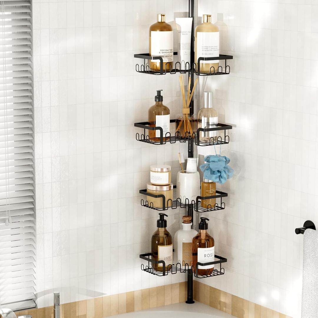 THKVESN Corner Shower Caddy Tension Pole Adjustable 29–124 Inch, 4 Tier Rustproof Shower Organizer Shelf Rack, Quick Installation Bathroom Storage Shower Caddy Corner Pole, Black