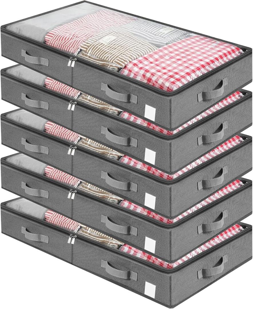 5pcs Under Bed Storage Containers,with Sturdy Sidewalls/Bottom and lids,for Clothes, Blanket, Pillows and Shoes