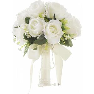 Wowagoga 12 Inch Wedding Bouquet with Pearl Crystals Ribbons,Artificial Rose Flower for Bride Bridesmaids Artificial Fake Flowers Fake Flowers Toss Bouquet for Wedding Party Church(White)