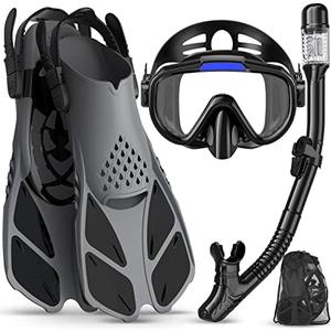 Ubekezele Snorkeling Gear for Adults Men Women, 4 in 1 Snorkel Set with Panoramic View Diving Mask Anti-Fog Anti-Leak, Dry Top Snorkel, Fins and Travel Bag for Swimming, Snorkeling and Travel Diving ML/XL 9-13