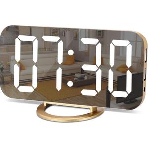 SZELAM Digital Alarm Clock,LED and Mirror Desk Clock Large Display,with Dual USB Charger Ports,3 Levels Brightness,12/24H,Modern Electronic Clock for Bedroom Home Living Room Office - Gold