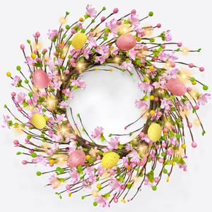 Timer - 20 Inch Easter Wreaths for Front Door with 20 Warm LED Lights Colorful Eggs, Battery Operated Easter Decorations fo Home Wall Window Indoor Outdoor Spring Holiday Decorations, Easter Gifts