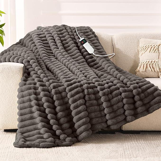 Heated Blanket Electric Throw, Soft Flannel Heating Blanket with 8 Hours Auto Off 10 Fast Heating Levels Machine Washable Sherpa Heated Blanket with Overheating Protection (Throw (50" x 60"), Grey)