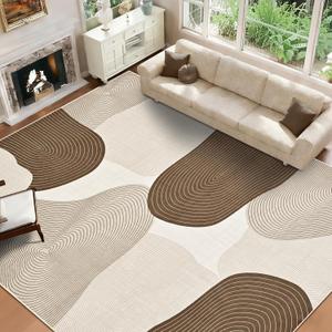 Yinhua Abstract Area Rug 8x10, Modern Washable Rugs Non Slip, Brown Living Room Rug, Soft Area Rugs Low Pile, Faux Wool Carpet for Bedroom, Dining Room, Brown